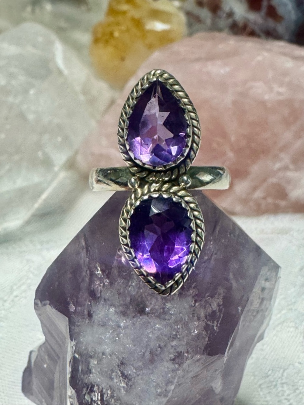 Sterling Silver Amethyst Faceted Double Teardrop Ring - Size 6